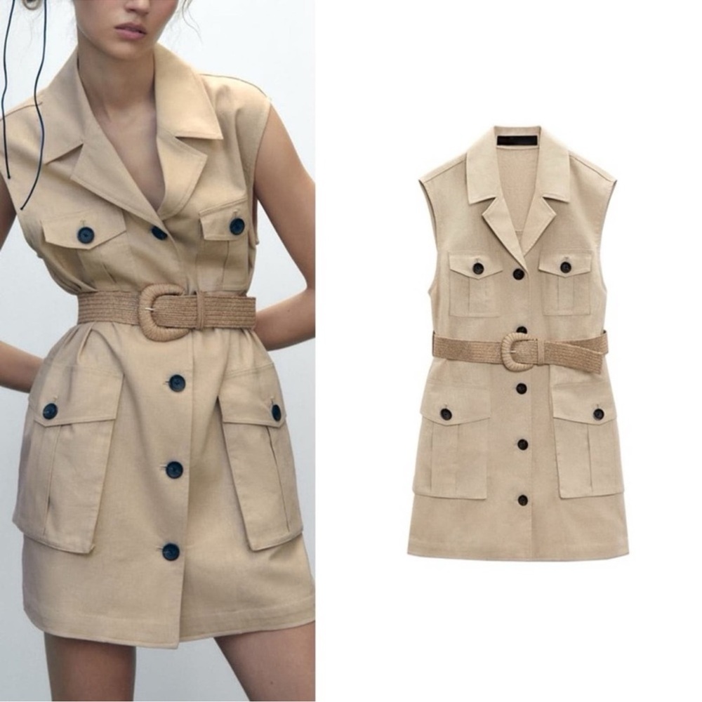 Zara Khaki Linen Safari Dress. NWT. Size Small.